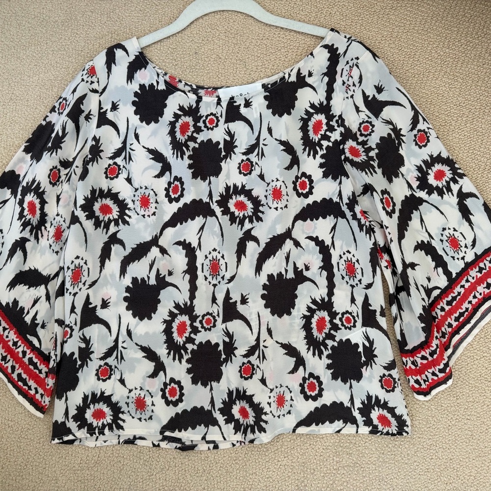 Ba&sh Women’s Boho Brown & Ivory Floral Boatneck Top with Red Accents
